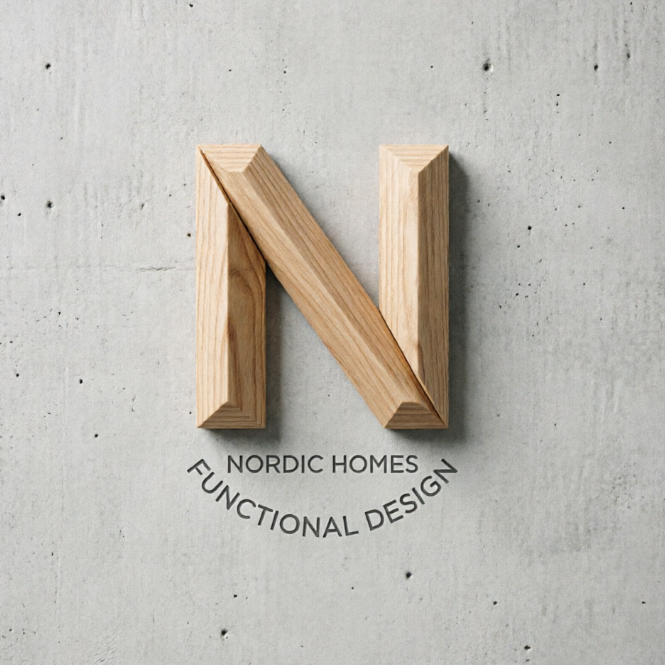  A 1:1 Nordic-style monogram. A sharp, geometric letter 'N' made of light wood texture. The circular text 'NORDIC HOMES' and 'FUNCTIONAL DESIGN' is in a thin grey sans-serif font. Perfectly centered on a light grey concrete surface.