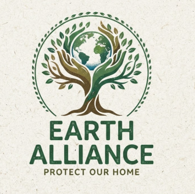 A 1:1 ecology logo. A central stylized tree icon where the branches transform into three stylized hands holding a globe. Colors are forest green and earthy brown. Printed on a recycled paper texture background. Text "EARTH ALLIANCE" in a clean organic font, slogan "PROTECT OUR HOME".