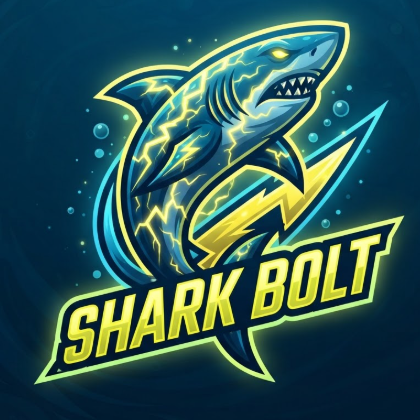 A 1:1 vibrant mascot logo of a shark with glowing yellow lightning patterns on its skin. The shark is positioned dynamically as if jumping out of the logo. Deep sea blue and electric yellow color scheme. The text "SHARK BOLT" is in a slanted, high-speed typography with a glow effect. Dark ocean blue background. Energetic and high-impact.