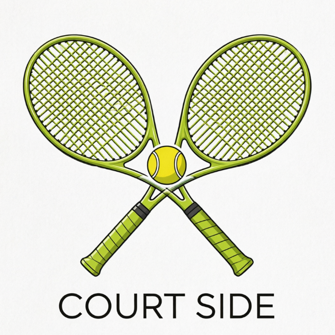 A 1:1 minimalist tennis logo. Two crossing lime-green tennis rackets forming an 'X' shape with a yellow ball in the negative space. Clean white background. Minimalist thin-line typography at the bottom reads "COURT SIDE". High-end, luxury sports aesthetic.