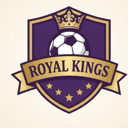 A 1:1 regal 2D vector logo. A sophisticated purple shield with a golden crown icon above a central white soccer ball. A curved golden ribbon displays "ROYAL KINGS" in elegant capital letters. Four stars are positioned within the shield's lower half. The design uses bold outlines and flat shading on a soft cream background.