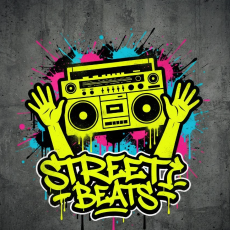 A 1:1 street-style hip-hop logo. A silhouette of a classic boombox being held up by two hands. The style is urban graffiti with paint splatters in the background. The text "STREET BEATS" is written in a bold, custom graffiti tag style. Vibrant yellow graphics on a dark grey concrete texture background. Edgy and energetic.