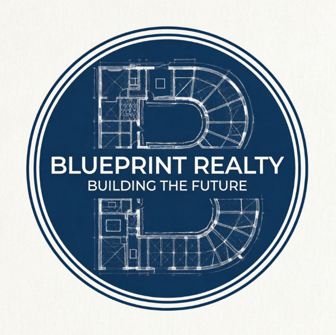 A 1:1 structural monogram logo. The letter 'B' is constructed using architectural grid lines. A double-lined circular border contains 'BLUEPRINT REALTY' and 'BUILDING THE FUTURE'. Navy and white high-contrast color scheme.