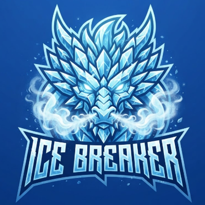 A 1:1 majestic esports logo of an ice dragon's head. The dragon is made of sharp, crystalline ice shards in light blue and white. It has glowing cold white eyes and frozen mist escaping its nostrils. The text "ICE BREAKER" is written in a sharp, jagged font resembling ice. Solid royal blue background. Cold, sharp, and high-end vector design.