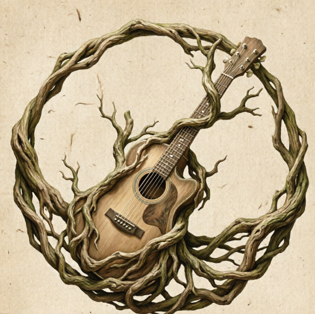 1:1 rustic band symbol. A centered illustration of an acoustic guitar where the body is formed by swirling oak tree roots. Earthy olive green and tan colors on parchment texture.