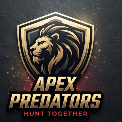 A dynamic 1:1 esports mascot logo. A fierce lion head profile centered in a sharp-edged shield, colored in metallic gold and carbon black. Thick outlines, high contrast. Below the shield, bold slanted typography reads "APEX PREDATORS", with the slogan "HUNT TOGETHER" in a minimalist red font. Dark grey textured background.