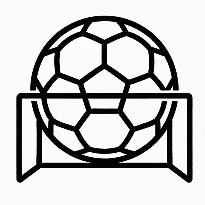 An ultra-minimalist 1:1 soccer logo composed of a single continuous black line forming a soccer ball and a goalpost. Set on a stark white back