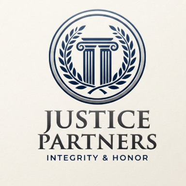 A sophisticated 1:1 legal team logo. The icon features a minimalist Greek column inside a circular frame, using premium silver and navy blue. Symmetrical and elegant. Below, the text "JUSTICE PARTNERS" in a classic Roman serif font, with the slogan "INTEGRITY & HONOR" below it.