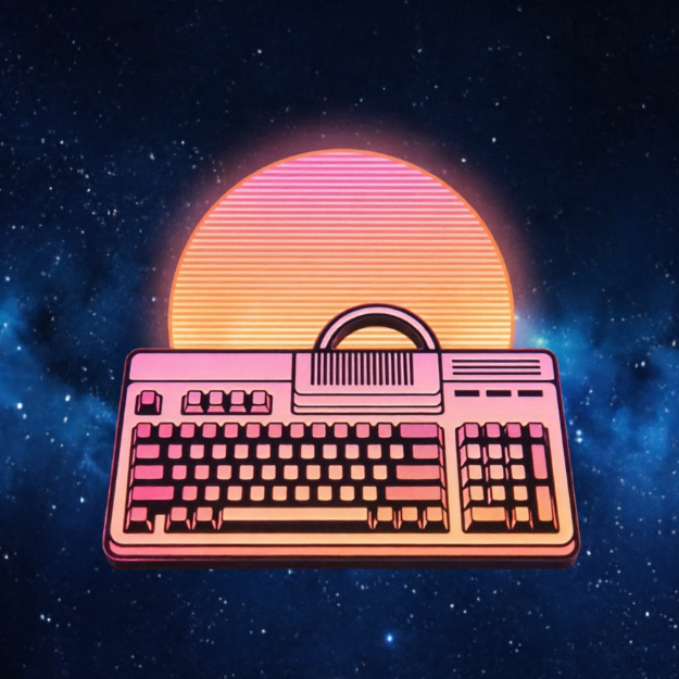 1:1 retro-futuristic emblem. A vibrant pink-to-orange gradient sun with horizontal scanlines. A black silhouette of an 80s keytar positioned centrally. Deep indigo space background.