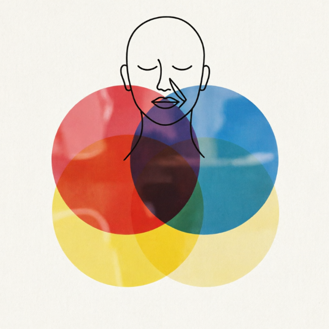 1:1 abstract indie symbol. Three overlapping translucent circles in red, blue, and yellow creating new secondary hues. A minimalist single-line drawing of a human profile humming.