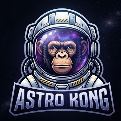 A 1:1 sci-fi mascot logo of a chimpanzee wearing a high-tech astronaut helmet. The visor reflects a purple galaxy pattern. The suit is white with silver metallic details and yellow warning stripes. The text "ASTRO KONG" appears in a futuristic metallic typography at the base. Dark star-speckled background. High-detail vector art with sharp highlights.