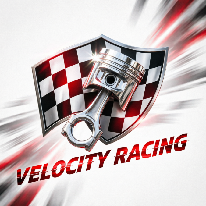 A 1:1 sleek racing sports logo. A stylized checkered flag forming the shape of a shield, with a chrome-finished piston in the center. Vibrant red and metallic silver colors. Slanted, high-speed typography reads "VELOCITY RACING". Background features blurred speed lines
