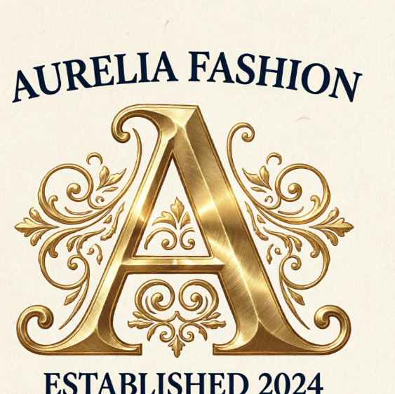 A professional 1:1 monogram logo design. The central focal point is an elegant serif letter 'A' with intricate gold flourishes. Surrounding it is a circular navy blue border featuring the words 'AURELIA FASHION' at the top and 'ESTABLISHED 2024' at the bottom. The background is a clean, textured cream paper. High-end fashion aesthetic.