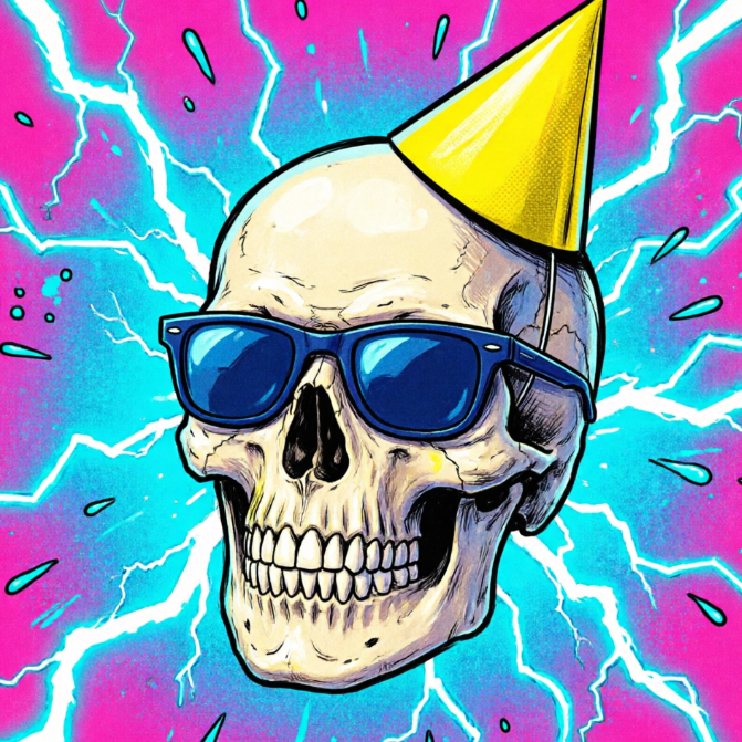 1:1 energetic symbol. A bright pink skull wearing a yellow party hat and blue sunglasses. A splash of electric teal paint in the background. High-impact comic book style.