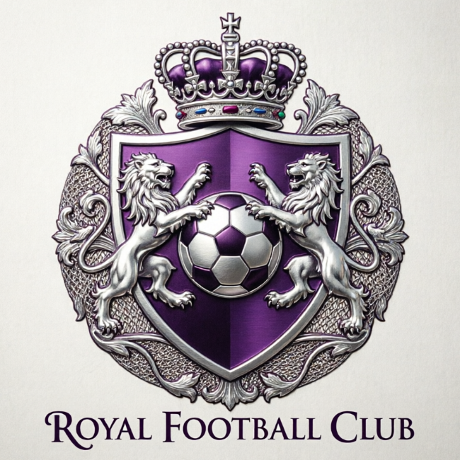 A regal 1:1 soccer emblem in royal purple and metallic silver. A large crown sits atop a classic heater shield. Inside the shield, a soccer ball is flanked by two rampant lions. The design exudes luxury and history. Intricate filigree details around the border. Serif elegant typography.