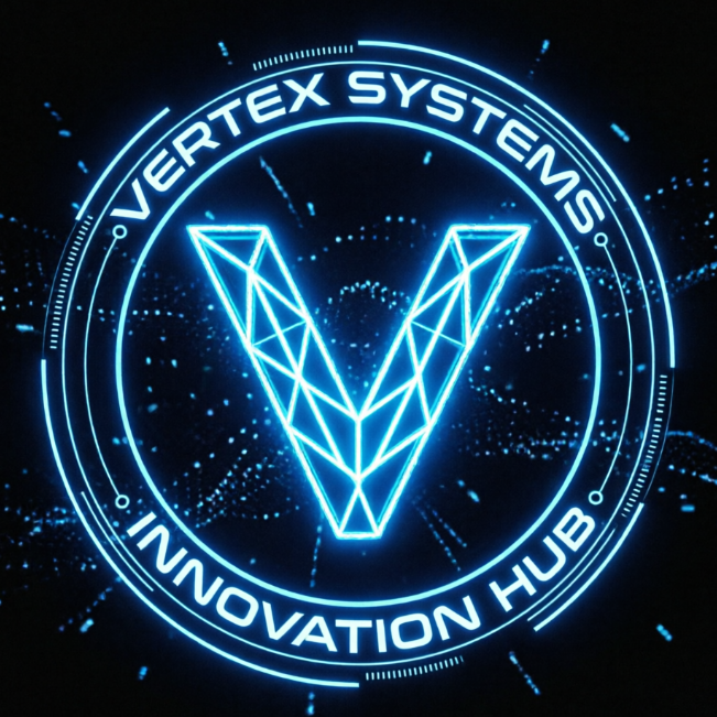  A high-tech 1:1 monogram logo. The letter 'V' is designed with sharp, geometric neon blue lines. A digital circular HUD-style ring encircles the letter, with 'VERTEX SYSTEMS' and 'INNOVATION HUB' in a sans-serif futuristic font. Black background with subtle glowing effects.
