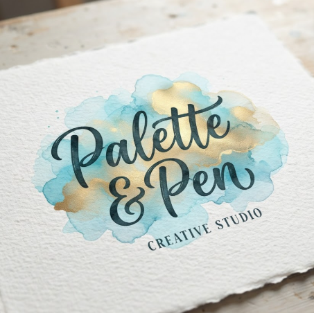 A 1:1 creative logo design. The name "Palette & Pen" in a playful, hand-drawn script. Behind the text is a soft, transparent watercolor splash in teal and go