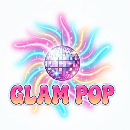 A 1:1 vibrant retro pop logo. A sparkling disco ball icon in the center with rays of light in pink, teal, and yellow radiating outwards. The font for the text "GLAM POP" is a 1970s bubble style with a gradient effect. Clean white background, playful and energetic aesthetic.
