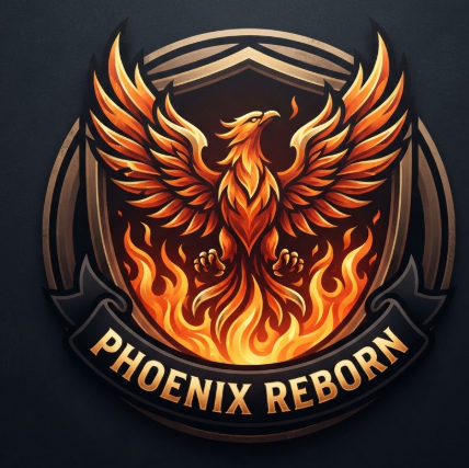 A 1:1 circular badge-style logo featuring a majestic phoenix rising from orange and gold flames. The feathers are stylized with sharp, flame-like points. A bold shield outline surrounds the bird. The text "PHOENIX REBORN" is arched across a black banner at the bottom in a bold serif font. High-contrast orange, red, and yellow palette against a deep charcoal background.
