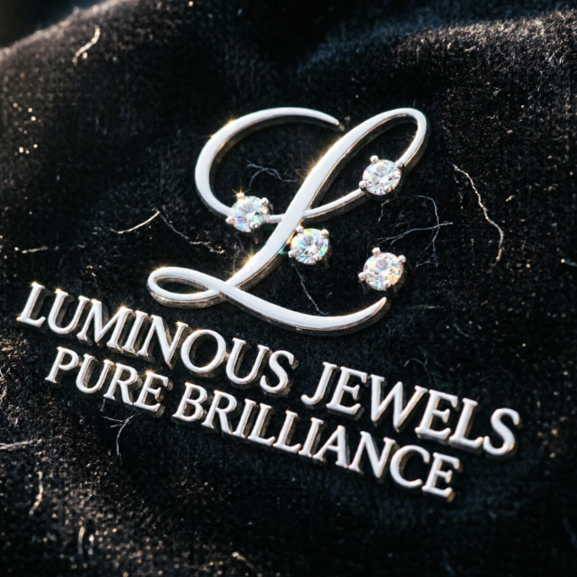 A premium 1:1 jewelry monogram. A thin, elegant letter 'L' decorated with four tiny diamond-shaped sparkles. The circular text 'LUMINOUS JEWELS' and 'PURE BRILLIANCE' is embossed in platinum silver. Dark velvet background with professional jewelry lighting.