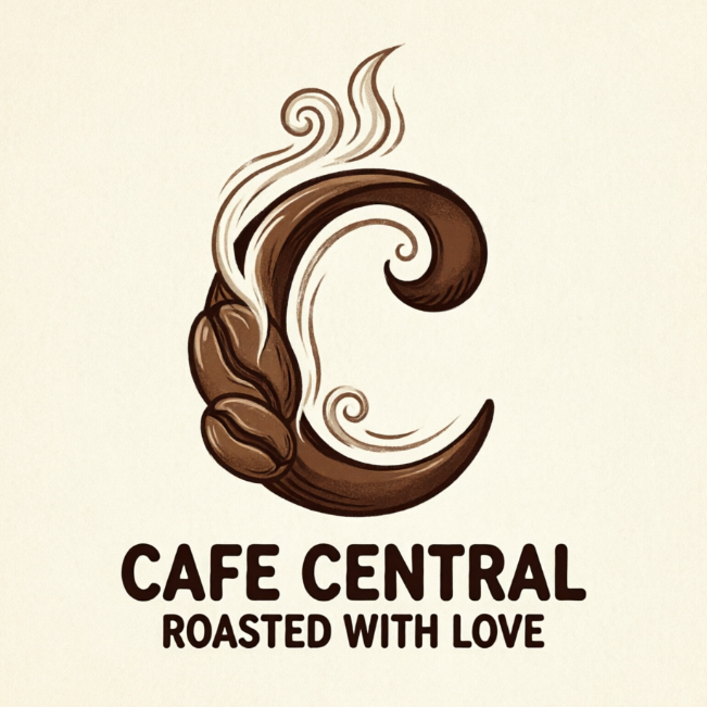 A 1:1 cozy cafe monogram. A stylized letter 'C' that looks like a subtle coffee bean shape with steam swirls. Circular text 'CAFE CENTRAL' and 'ROASTED WITH LOVE'. Warm brown and cream color palette. Minimalist circular design.