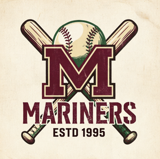  A 1:1 retro varsity-style sports logo. A large, collegiate-style letter 'M' in the center, with a baseball and bat crossed behind it. Colors are burgundy red, cream, and forest green. The text "ESTD 1995" and "MARINERS" are written in a vintage distressed font. Textured paper background.