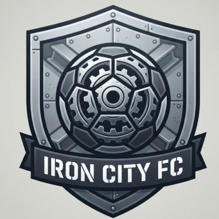 A 1:1 industrial 2D football emblem. A grey shield with a textured metal-plate effect (2D vector). The soccer ball features a gear-shaped pattern. A dark charcoal banner wraps around the base with the text "IRON CITY FC" in white industrial stencil font. Two crossed steel beams are faintly visible in the shield background. Clean, thick outlines.