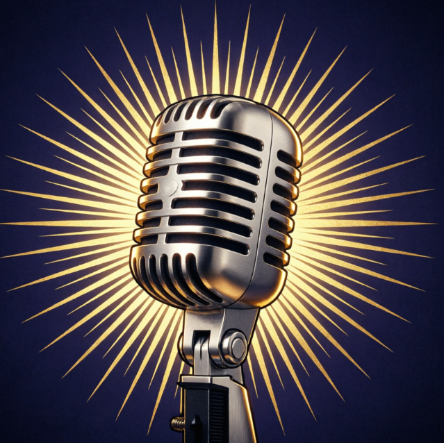 1:1 soulful emblem. A silhouette of a 1950s vintage microphone surrounded by glowing golden radial rays. Deep indigo background. Realistic metallic sheen on the icon.