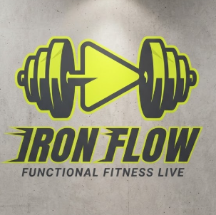 A 1:1 powerful YouTube logo for a fitness channel. A minimalist silhouette of a heavy dumbbell where the weights are shaped like triangular play buttons. Vibrant lightning yellow and charcoal grey. "IRON FLOW" in slanted, high-speed typography. The logo is shown as a wall decal in a modern warehouse-style gym.