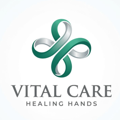 A professional 1:1 healthcare logo. A stylized medical cross formed by two intertwined ribbons in soothing emerald green and soft silver. Minimalist and trustworthy. Below, the text "VITAL CARE" is in a sophisticated serif font, slogan "HEALING HANDS" in a small uppercase font. White background.