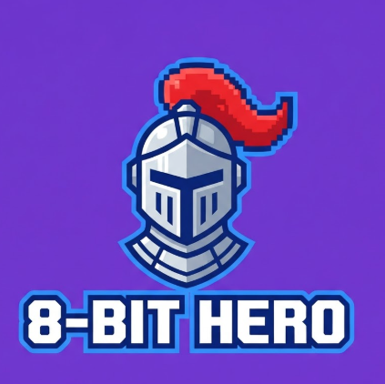 A 1:1 modern-retro hybrid logo featuring a knight's helmet in pixel art style but with high-resolution vector finishing. The helmet is silver with a red plume. The text "8-BIT HERO" is displayed in a blocky retro gaming font. Bright primary colors. Solid purple background. This design balances nostalgic arcade vibes with professional Twitch branding.