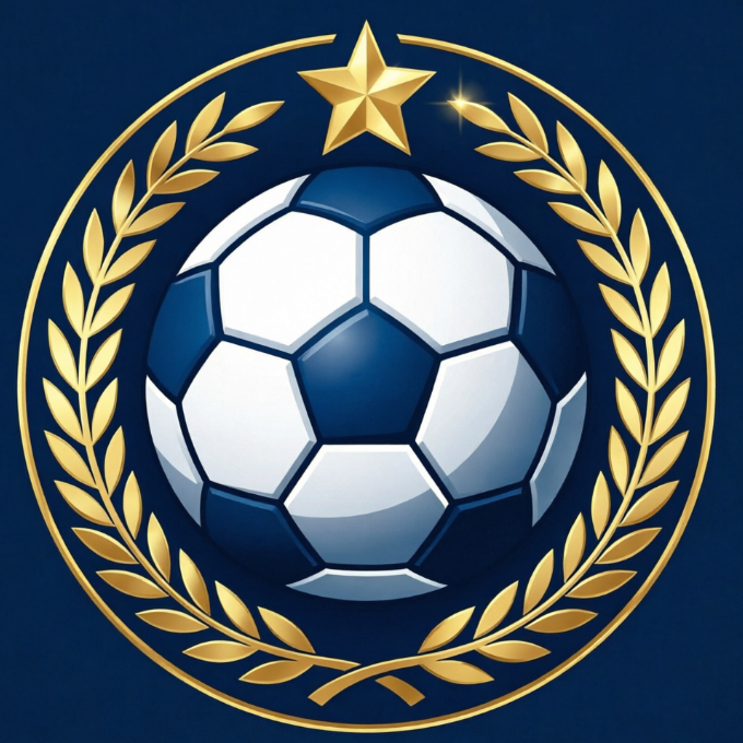 A professional 1:1 circular soccer crest in navy blue and gold. In the center is a modern white and blue soccer ball surrounded by a golden laurel wreath. A star is at the very top. Two elegant ribbons wrap around the top and bottom with placeholders for "TEAM NAME" and "SLOGAN." The year "20" and "26" are placed on the sides. High-end vector style.