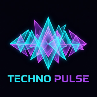 A 1:1 futuristic electronic music logo. The icon consists of neon cyan and purple geometric triangles overlapping to form an abstract soundwave pattern. The background is a solid deep black. Below the icon, the text "TECHNO PULSE" is displayed in a futuristic, wide-spaced digital font. High-tech, sharp edges, vector quality.
