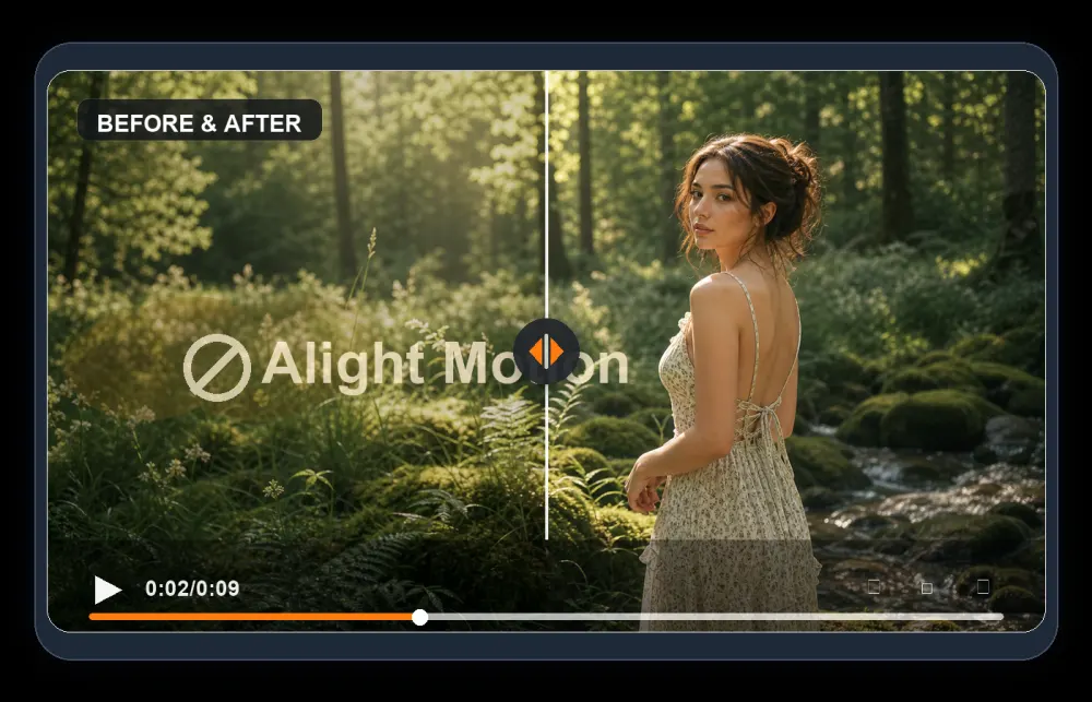 Before and after fake video preview showing an Alight Motion watermark removed from a cinematic forest clip