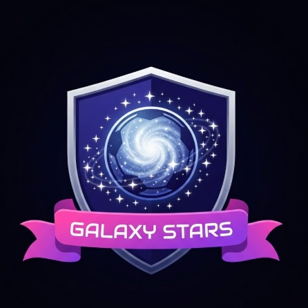 A 1:1 cosmic 2D sports logo. A deep indigo shield with a circular soccer ball that has a glowing white nebula pattern. A vibrant pink and purple gradient ribbon features the text "GALAXY STARS" in a futuristic rounded font. A cluster of small white stars orbits the soccer ball. Flat illustration with vibrant colors.