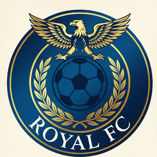 A 1:1 classic European-style soccer crest. A circular navy blue and gold emblem featuring a stylized eagle with spread wings at the top. In the center is a modern soccer ball icon. Ornate gold laurels wrap around the bottom. Elegant serif white text "ROYAL FC" is curved within the border. Professional, prestigious look.