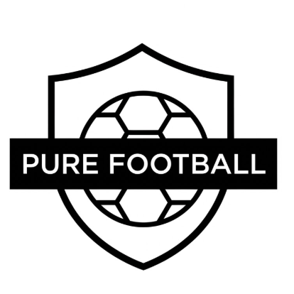 A 1:1 ultra-minimalist 2D football logo. A simple shield outline in thick black lines. Inside, a minimalist soccer ball graphic made of only three hexagonal shapes. A straight black bar in the center contains "PURE FOOTBALL" in a modern white sans-serif font. No stars, just peak simplicity. Perfectly balanced negative space.