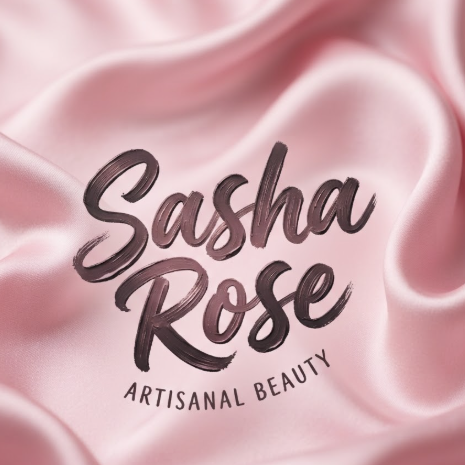 A 1:1 artistic shot of a beauty brand logo. The signature "Sasha Rose" in a thick, brush-stroke style that mimics lipstick or makeup ink. The color is a deep dusty rose. The background is a soft pink silk fabric with realistic folds and highlights. The typography feels energetic yet feminine.