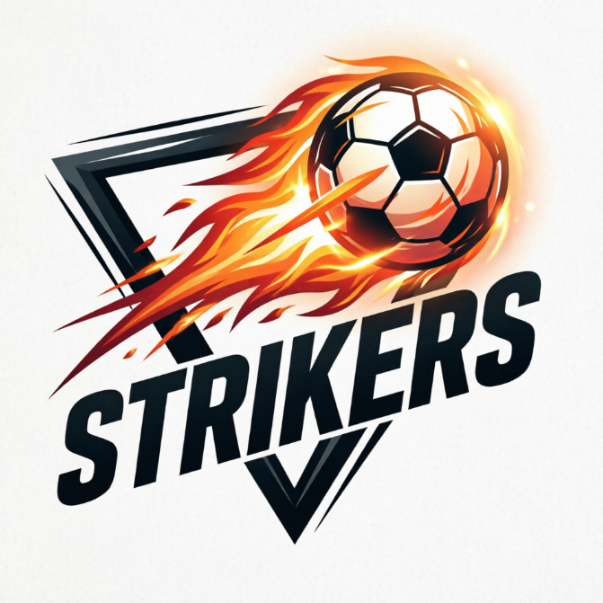 A dynamic 1:1 soccer logo showing a football in motion with flaming trails. Bright orange, fiery red, and deep black palette. The ball is angled to show high speed. A sharp triangular frame encloses the design. Slanted, bold typography for the name "STRIKERS."