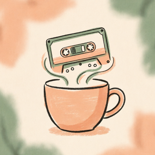 1:1 cozy lo-fi icon. Minimalist line art of a steaming coffee mug with a cassette tape silhouette within the steam. Pastel peach and sage green color scheme. Grainy texture.