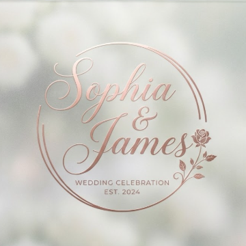 A 1:1 dreamy wedding logo. The signature "Sophia & James" in a delicate, looping calligraphy style with small botanical leaf accents at the ends. The logo is printed in rose gold on a frosted glass surface. Blurred white flowers are visible in the background, creating a romantic, airy atmosphere.
