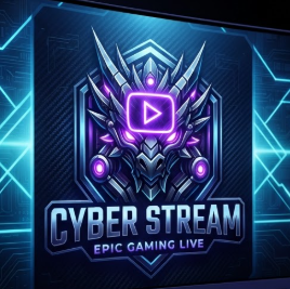 A 1:1 esports-style YouTube logo. The central icon is a mechanical robotic dragon head integrated with a glowing neon purple play button. Sharp geometric lines and a dark background with blue glowing highlights. The text "CYBER STREAM" is in futuristic metallic font. Mockup on a high-end gaming monitor in a dark room.