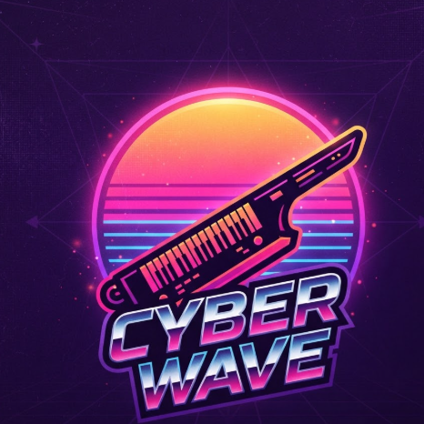 A 1:1 retro-futuristic synthwave logo. A silhouette of a keytar against a giant glowing retro sun with horizontal lines. Color palette includes neon pink, orange, and deep purple. The overall look is 80s arcade style. The text "CYBER WAVE" is in a slanted chrome-effect font. Sharp, vibrant vector illustration.