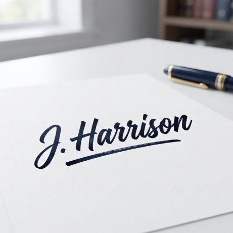 A 1:1 professional business image. A bold, authoritative signature logo "J. Harrison" written in classic fountain pen ink style with realistic ink bleed edges. The logo is centered on a clean white desk surface next to a blurred high-end fountain pen. The aesthetic is modern, trustworthy, and legal-focused.