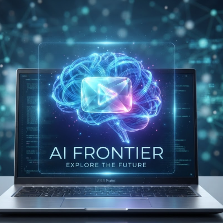 A 1:1 futuristic AI YouTube logo. An abstract human brain silhouette made of glowing blue fiber-optic lines, with a translucent crystal play button in the center. Gradient effects and digital bokeh background. "AI FRONTIER" in sleek, thin sans-serif. Logo displayed as a glowing hologram above a silver laptop.
