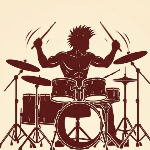 A 1:1 high-contrast vector logo on a warm cream background. It features a dark mahogany brown silhouette of a muscular punk drummer with a mohawk, aggressively playing a full drum set with sticks raised high. Below the graphic, the bold, blocky text reads "LOGO TEXT HERE", with a smaller sub-headline "SLOGAN HERE" in a clean sans-serif font. Flat design, professional branding.
