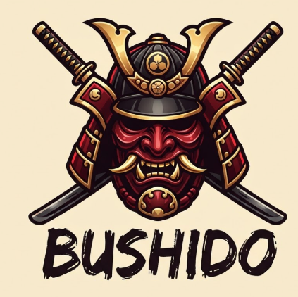 A 1:1 traditional-meets-modern mascot logo of a Japanese samurai mask (Menpo). The mask is dark red with golden tusks and a black kabuto helmet. Two crossed katanas are in the background. The text "BUSHIDO" is written in a brush-stroke Japanese calligraphy style. Solid cream background. High-contrast red and gold lighting.