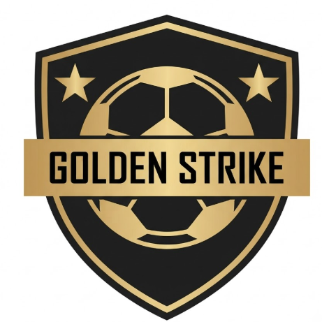 A 1:1 professional 2D football emblem. A sharp, modern black shield with metallic gold borders. In the center, a stylized gold soccer ball silhouette. A straight gold banner cuts through the middle with the text "GOLDEN STRIKE" in black block letters. Two large gold stars flank the ball at the top corners. Perfectly symmetrical design with clean vector lines on a white background.