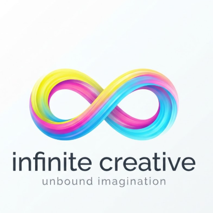 An artistic 1:1 design team logo. A fluid, multi-colored infinity loop that looks like a liquid brushstroke. Colors include vibrant yellow, magenta, and teal. Solid white background. Text "INFINITE CREATIVE" in a modern, lightweight lowercase font, with the slogan "UNBOUND IMAGINATION".