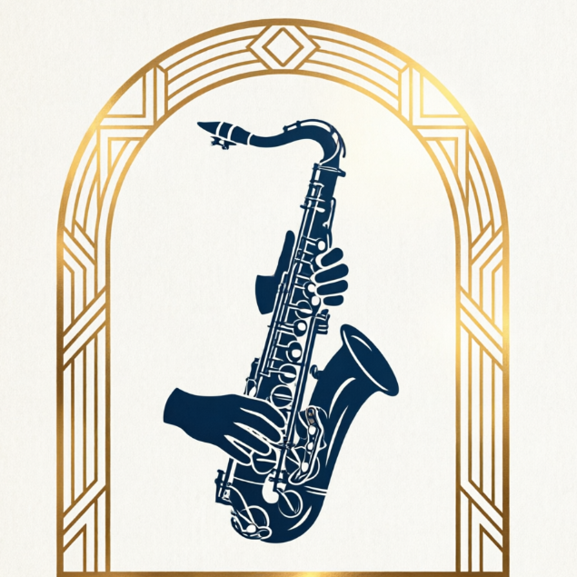 1:1 elegant jazz logo. A minimalist navy blue silhouette of a saxophone player leaning back, framed in a golden Art Deco arch. Warm gold light reflections, smooth curves.